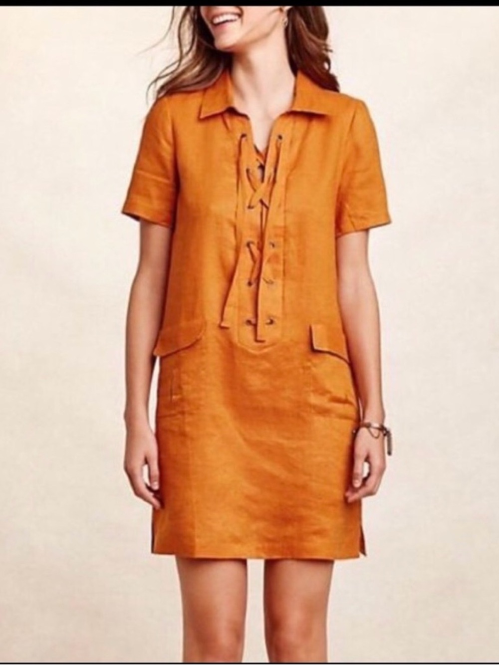Maeve Anthropologie Orange Linen Lace-Up Short Shift Dress